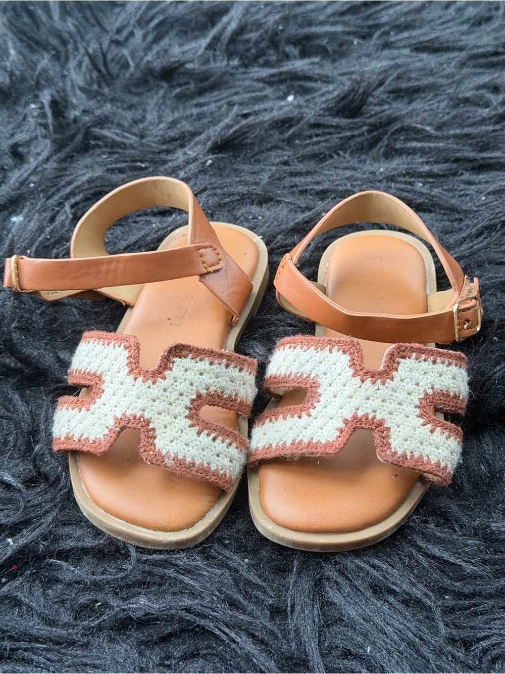 Tahari Tan Leather Sandals with Cream Crochet Accent